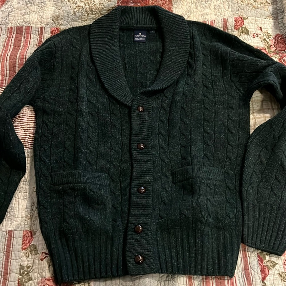 Nordstrom lambs wool Aran style cardigan sweater small fits oversized